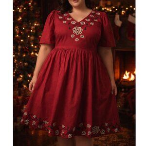 Ivy City Co Maroon  Knee Length Dress Embroidered Flowers Red Pink Plus 4X Flare